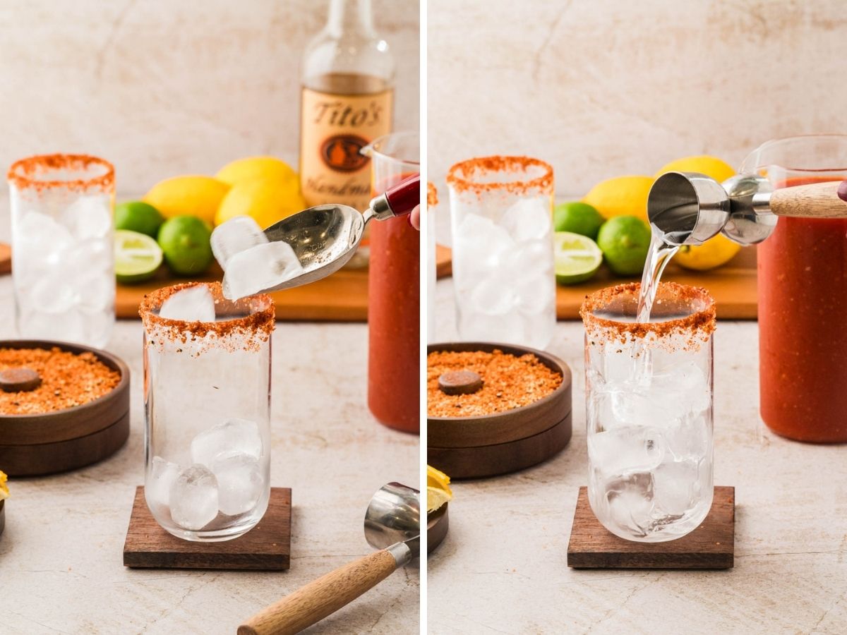Adding Ice and vodka to a glass.