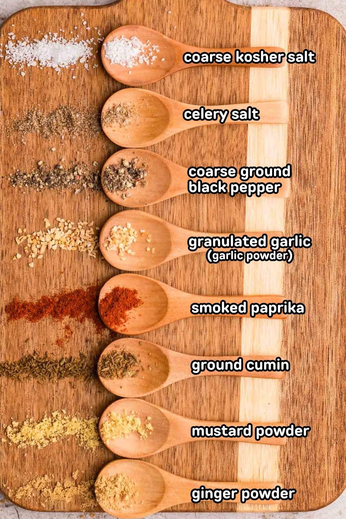 A labeled image of ingredients needed to make bloody mary rim salt.