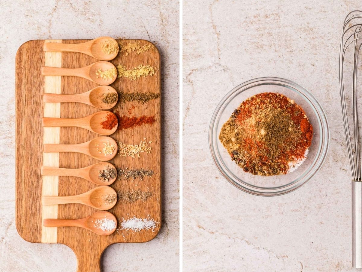 A collage image showing spices measured out and then added to a bowl.