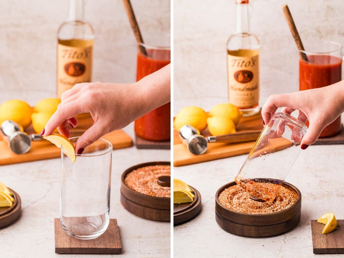 A collage image of rimming the glass lemon wedge and then dipping it into bloody mary rim salt.