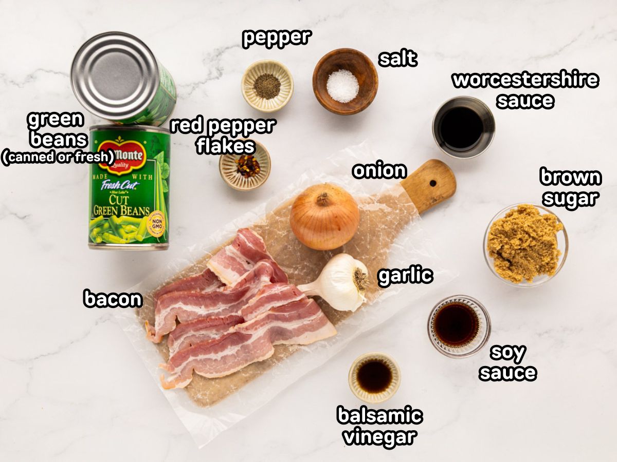 Ingredients needed to make bacon brown sugar green beans.