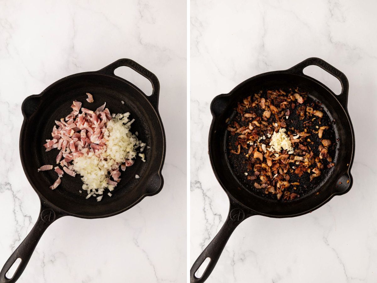 Side by side photos of cooking the bacon and onions in a pan and adding the garlic.