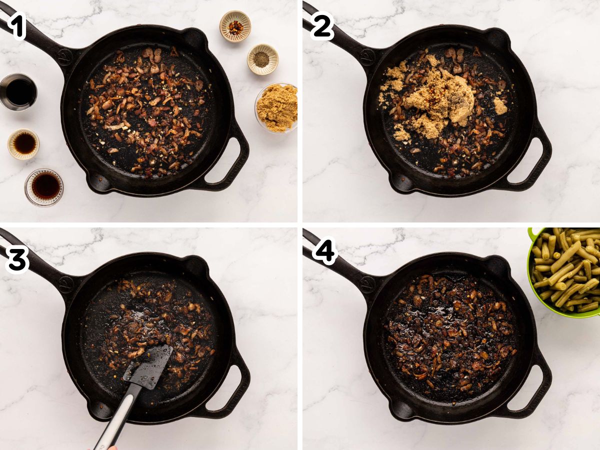 Step by step photos of adding the sugar and sauces to the bacon and onion mixture.