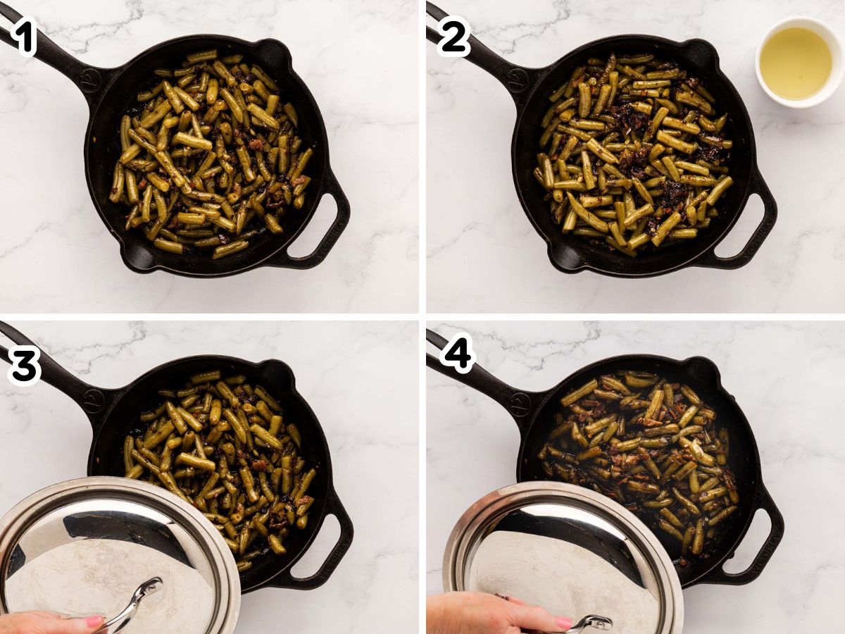 Step by step photos of adding the green beans to the skillet and covering with a lid.