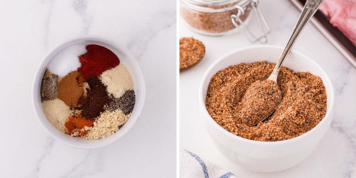 A side by side image of rib rub ingredients in a bowl and then after stirring it together.