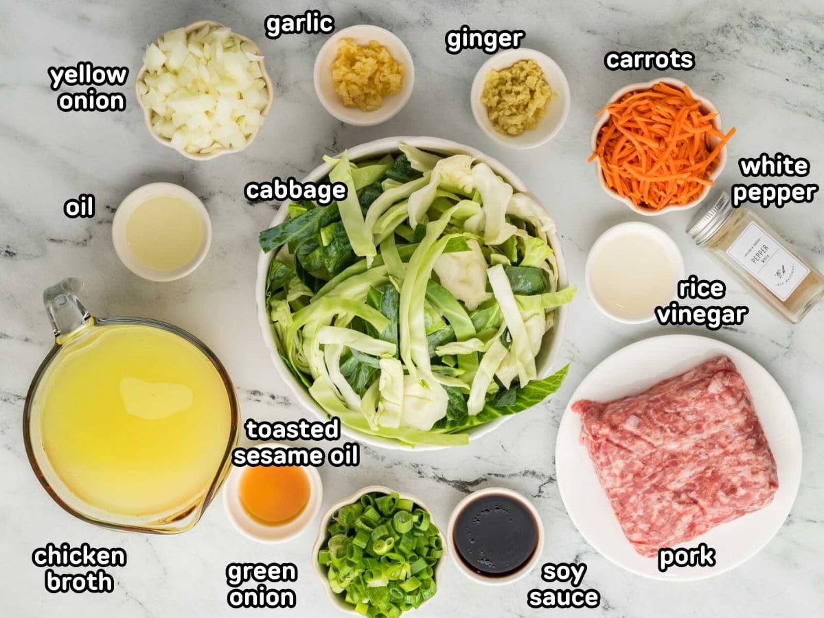Ingredients needed to make egg roll soup.
