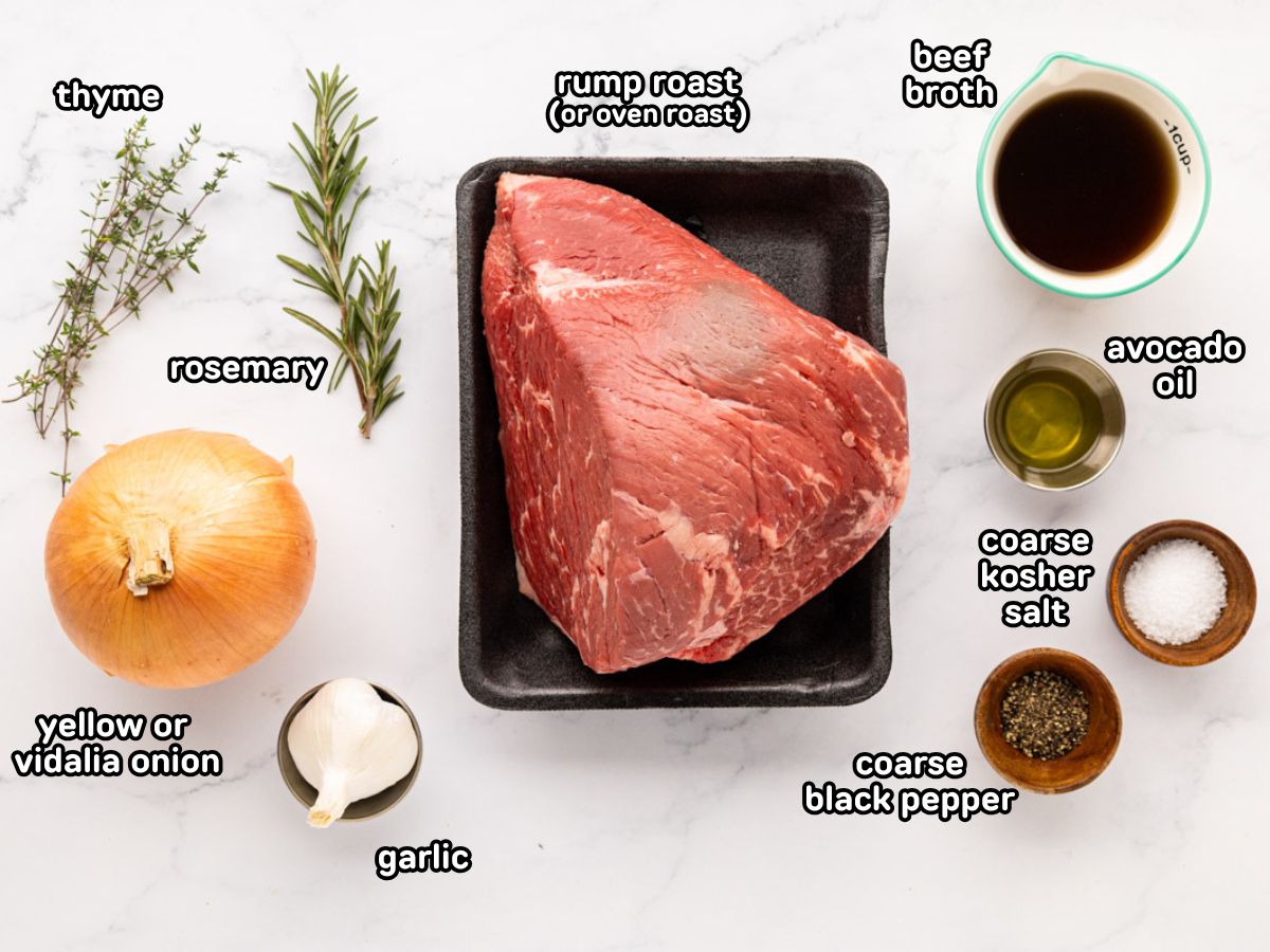 A labeled image of ingredients needed to make an oven baked garlic rump roast with herbs.