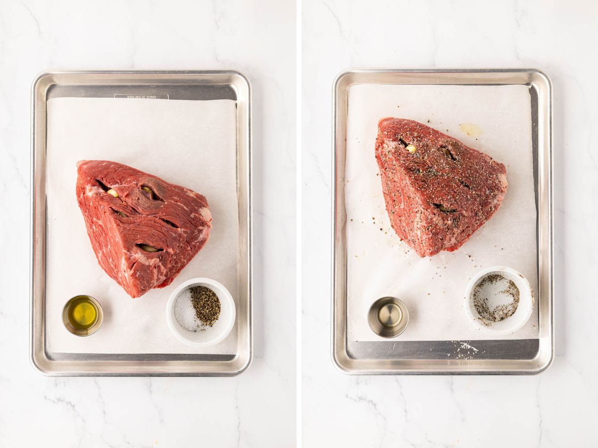 Rubbing oil and seasonings on roast.