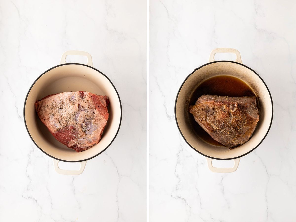 A side by side image of the roast in the dutch oven and after being oven seared.