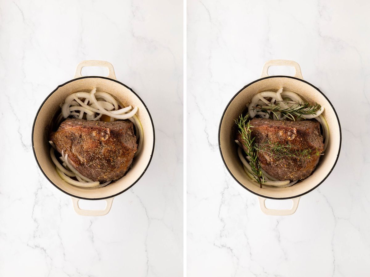 A side by side image of the roast in the dutch oven with onions and herbs added.