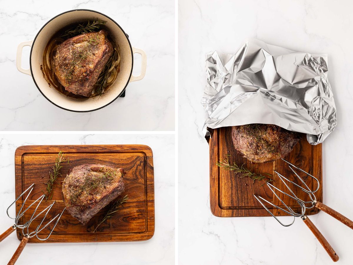 A collage image with roast removed from dutch oven to a wooden cutting board and covered to rest.