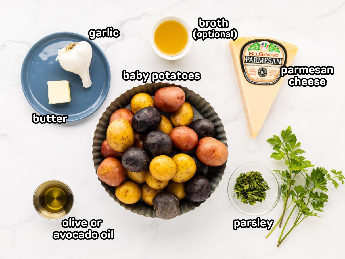 A labeled image of ingredients needed to make skillet potatoes with garlic and Parmesan.