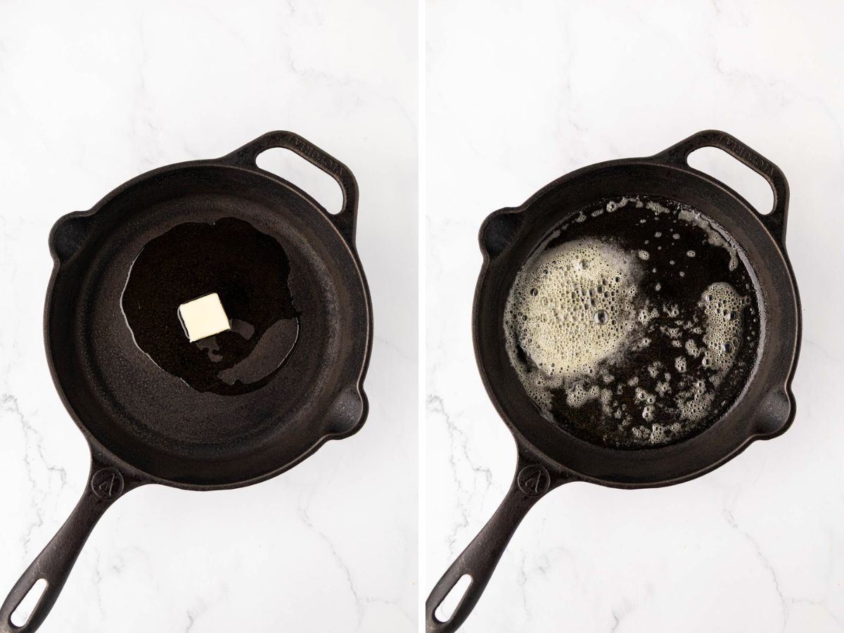 Heating butter in a skillet.