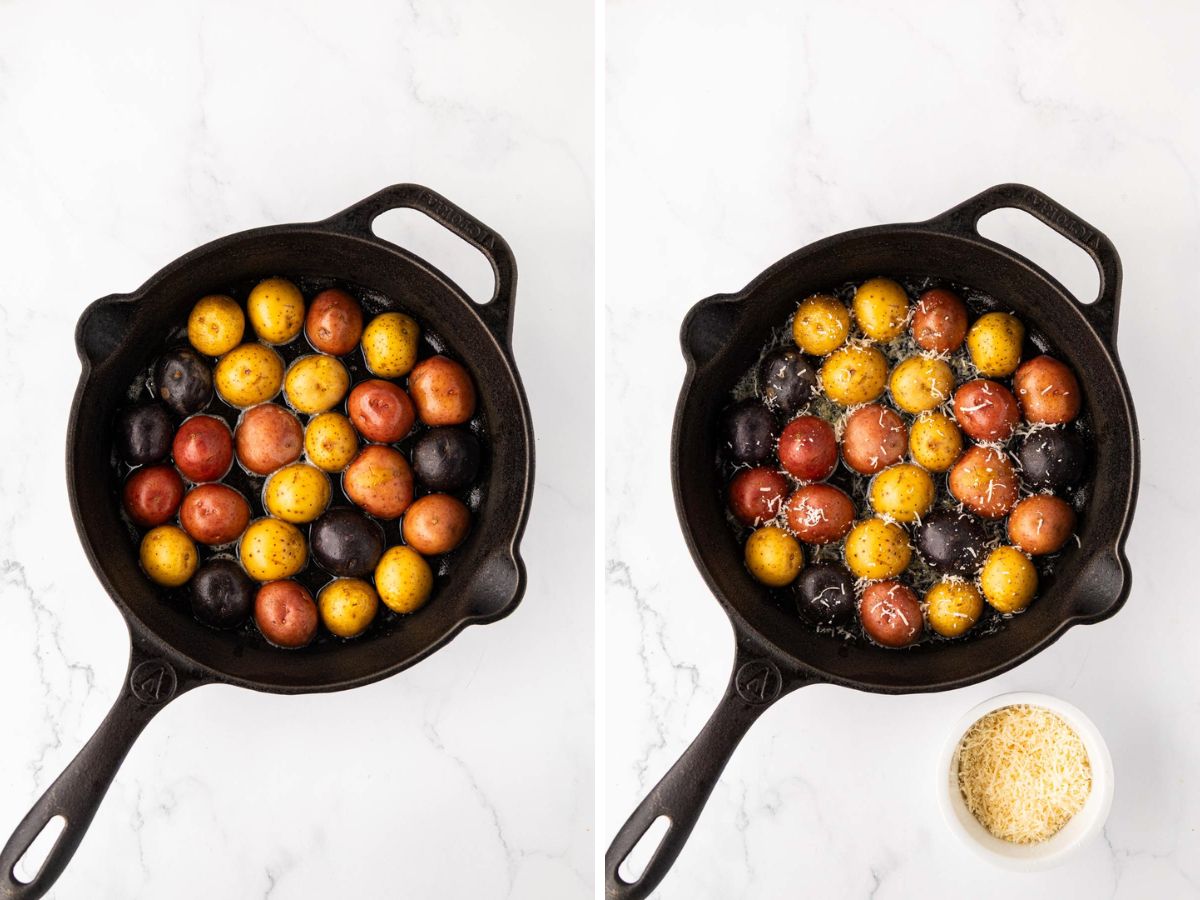 Potatoes in a skillet cut side down.