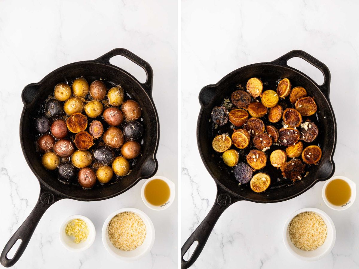 Turning potatoes over in the skillet cut side up.