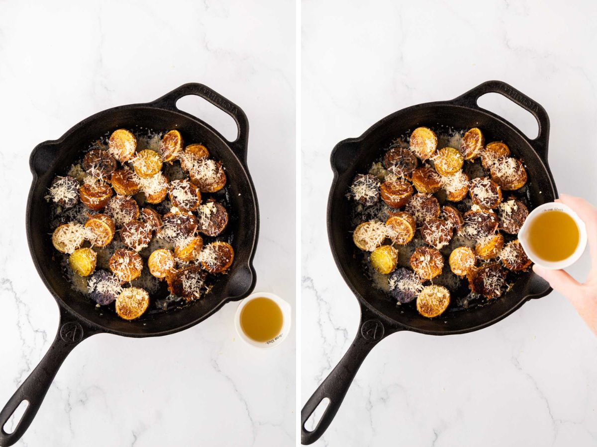 Pouring broth into skillet.