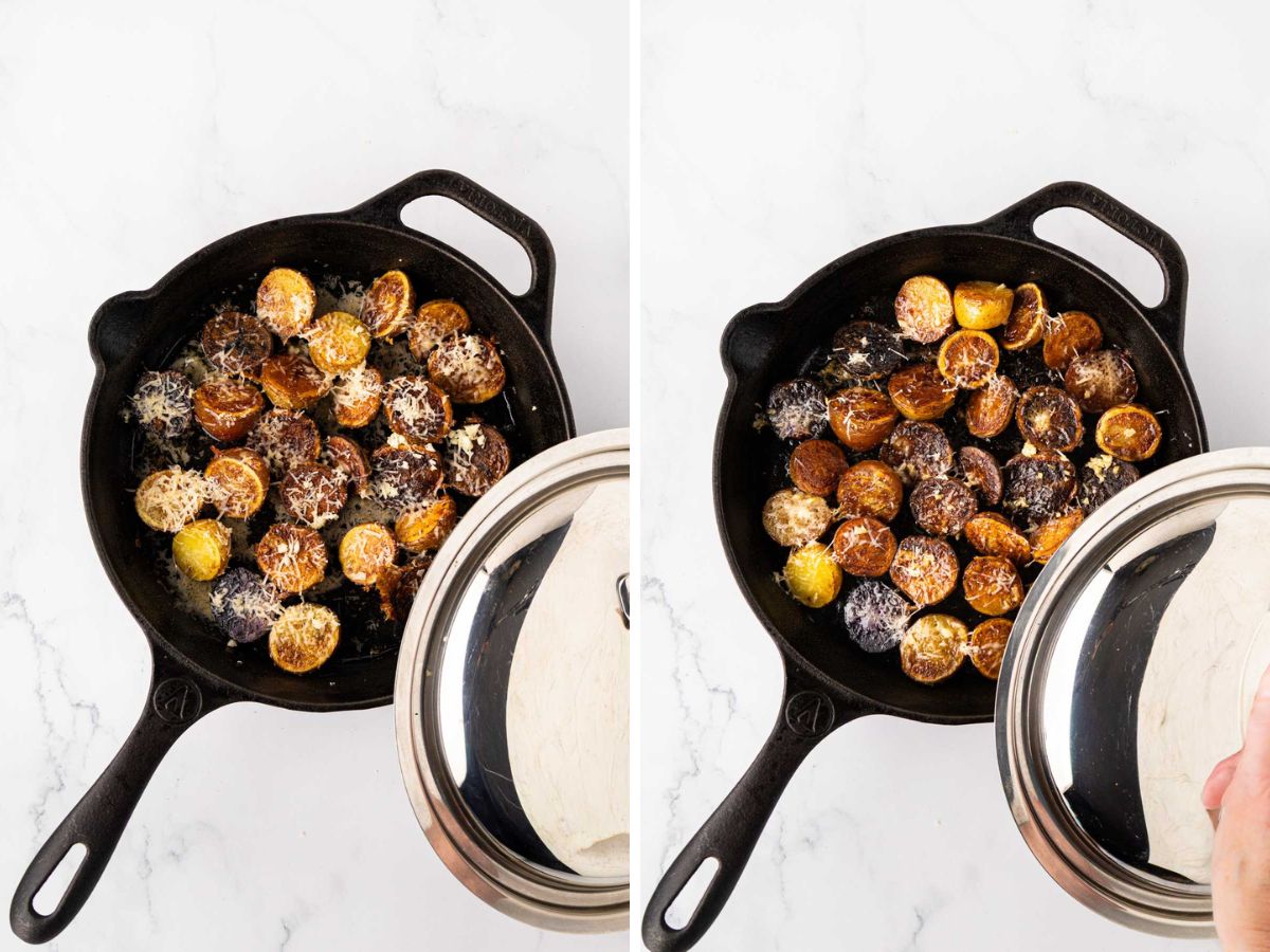 Placing lid on cast iron skillet.