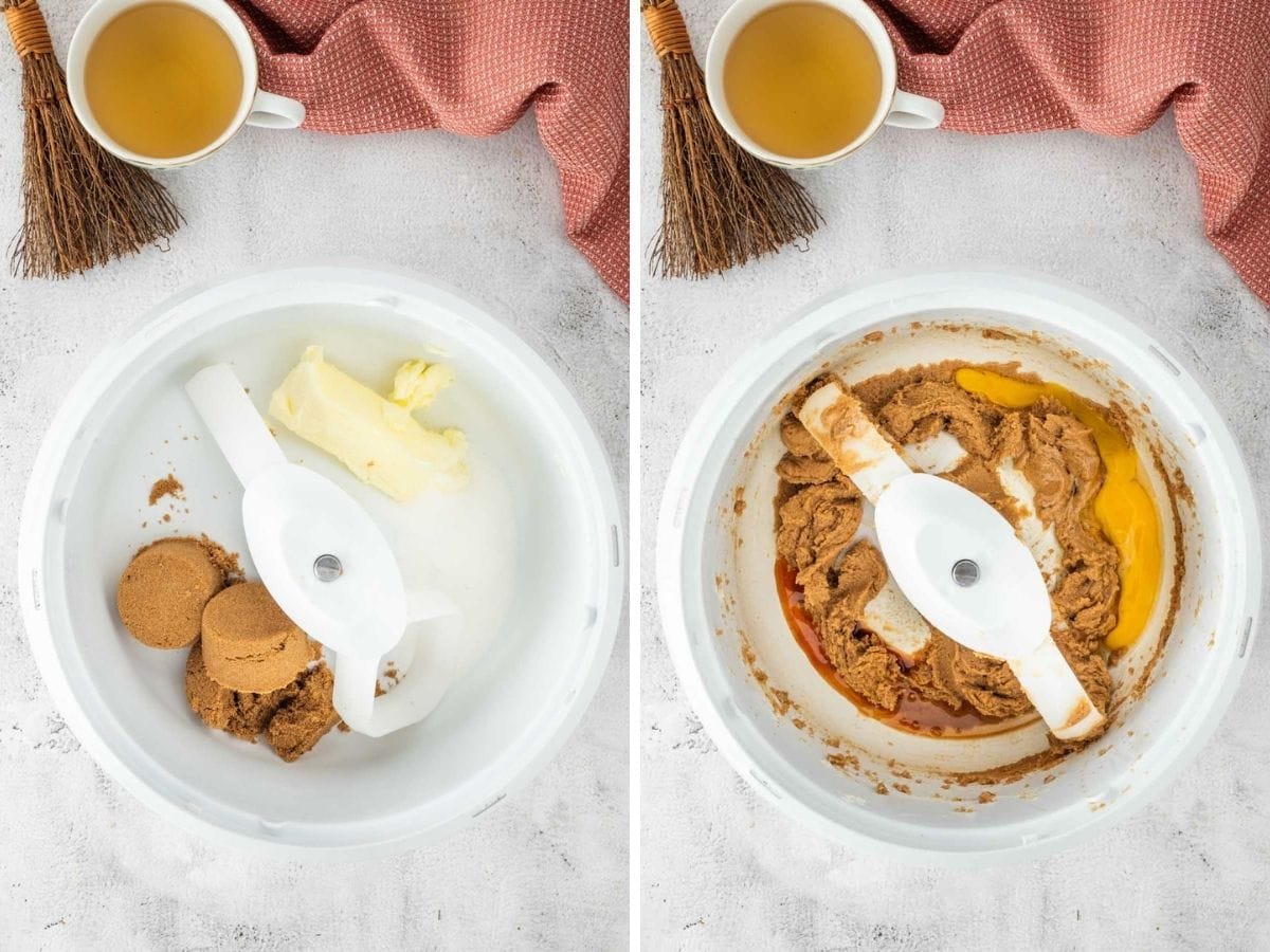 Side by side photos of creaming the butter and sugar together and adding the eggs and vanilla.