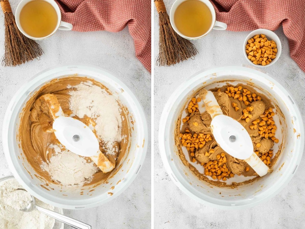Side by side photos of adding the dry ingredients to the wet and then folding in the butterscotch chips.