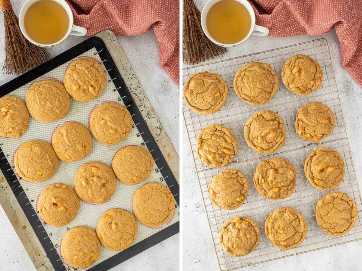 Side by side photos of baked Harry Potter butterbeer cookies on a sheet pan, then placed on a wire rack.