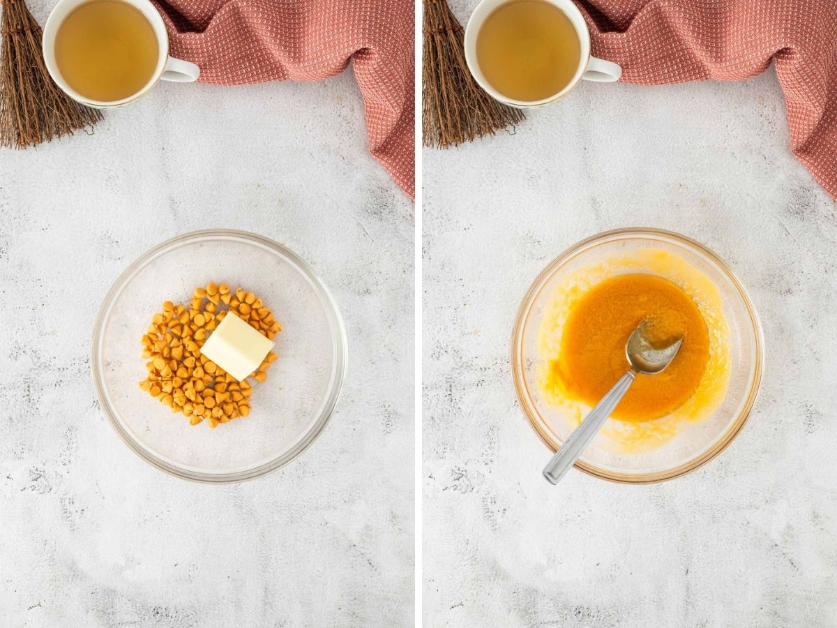 Side by side photos of melting butter and butterscotch chips together.