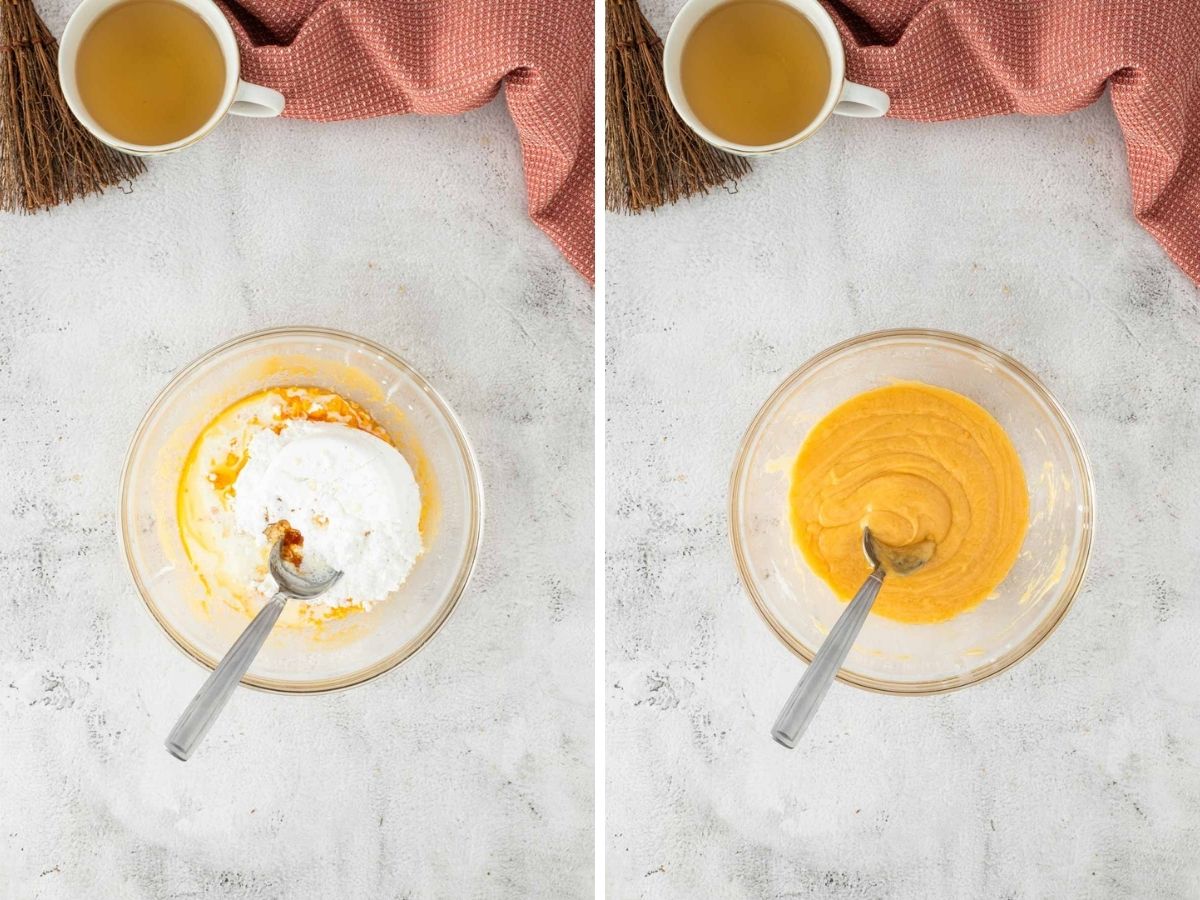 Mixing in powdered sugar with the melted butterscotch chips.