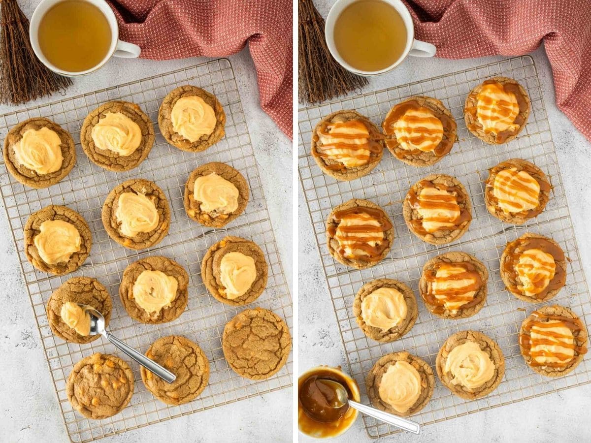 Side by side photos of decorating the cookies with butterscotch frosting and a drizzle of caramel on top.