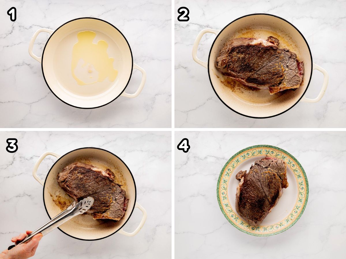 Step by step photos of browning the chuck roast in a large pot.