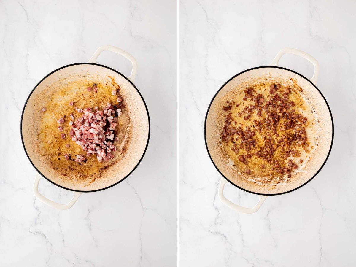 Side by side photos of browning the pancetta in the same pot.