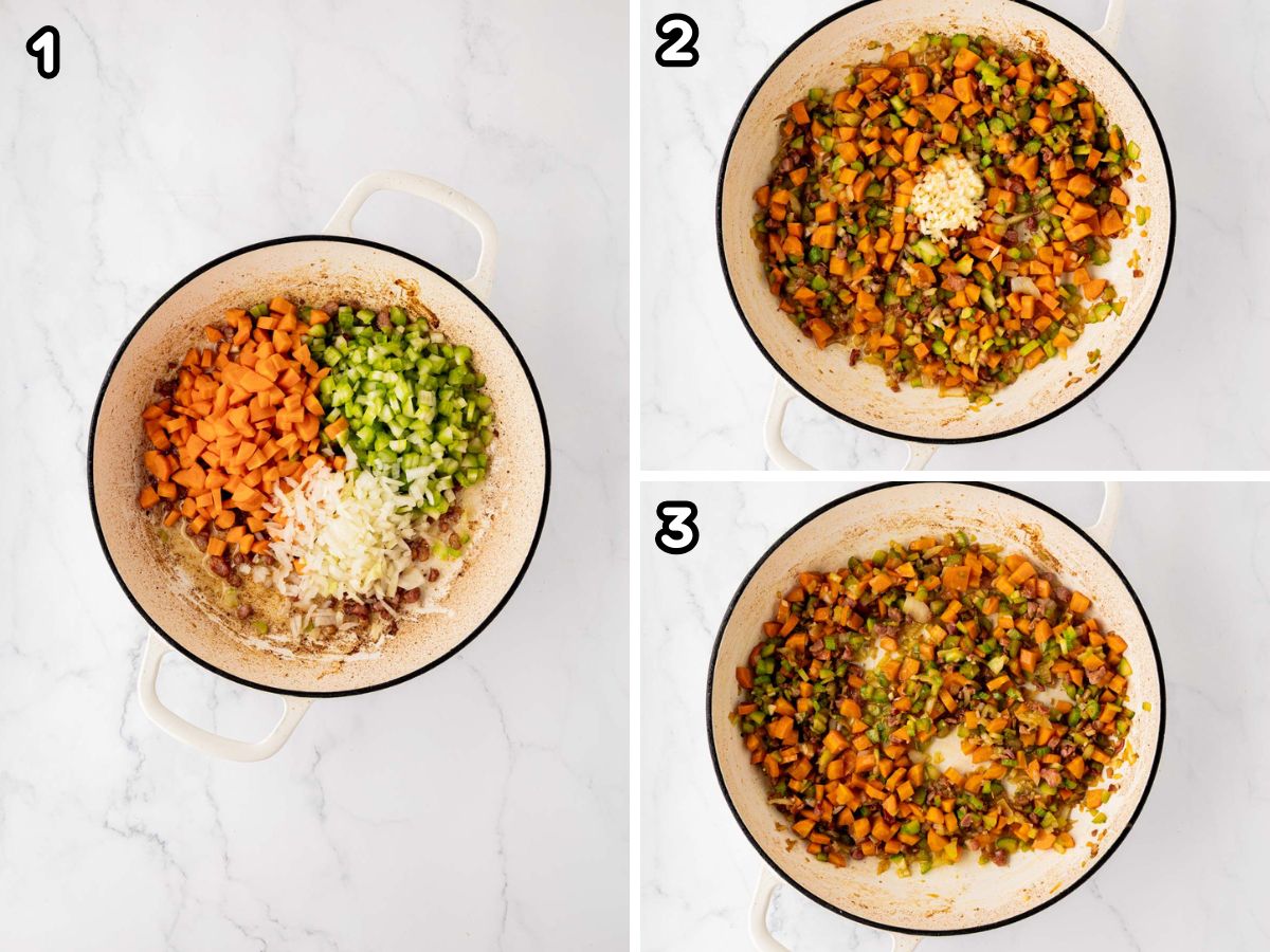 Step by step photos of sautéing the onion, celery, carrots and garlic.