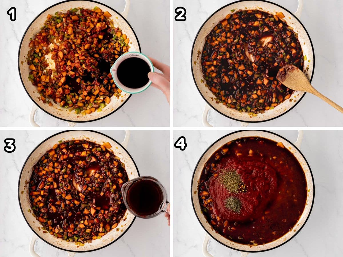 Step by step photos of adding red wine, beef broth, crushed tomatoes and spices to the pot of vegetables.