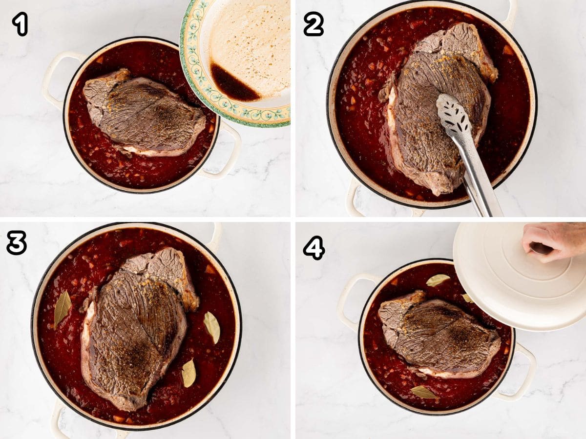 Browned chuck roast added to the braising liquid in a pot.