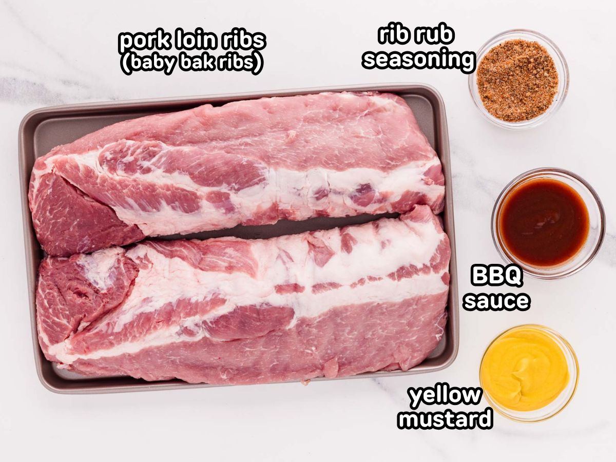 A labeled image of ingredients needed to make oven-baked ribs.