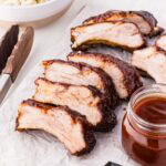 Sliced oven baked baby back ribs.