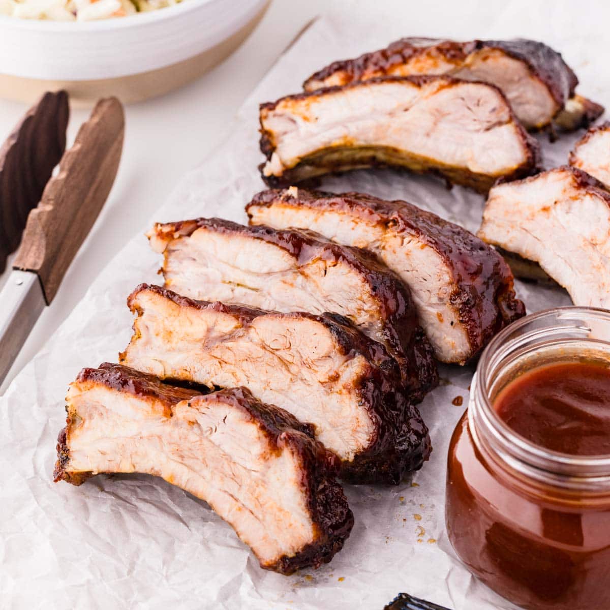 Sliced oven baked baby back ribs.