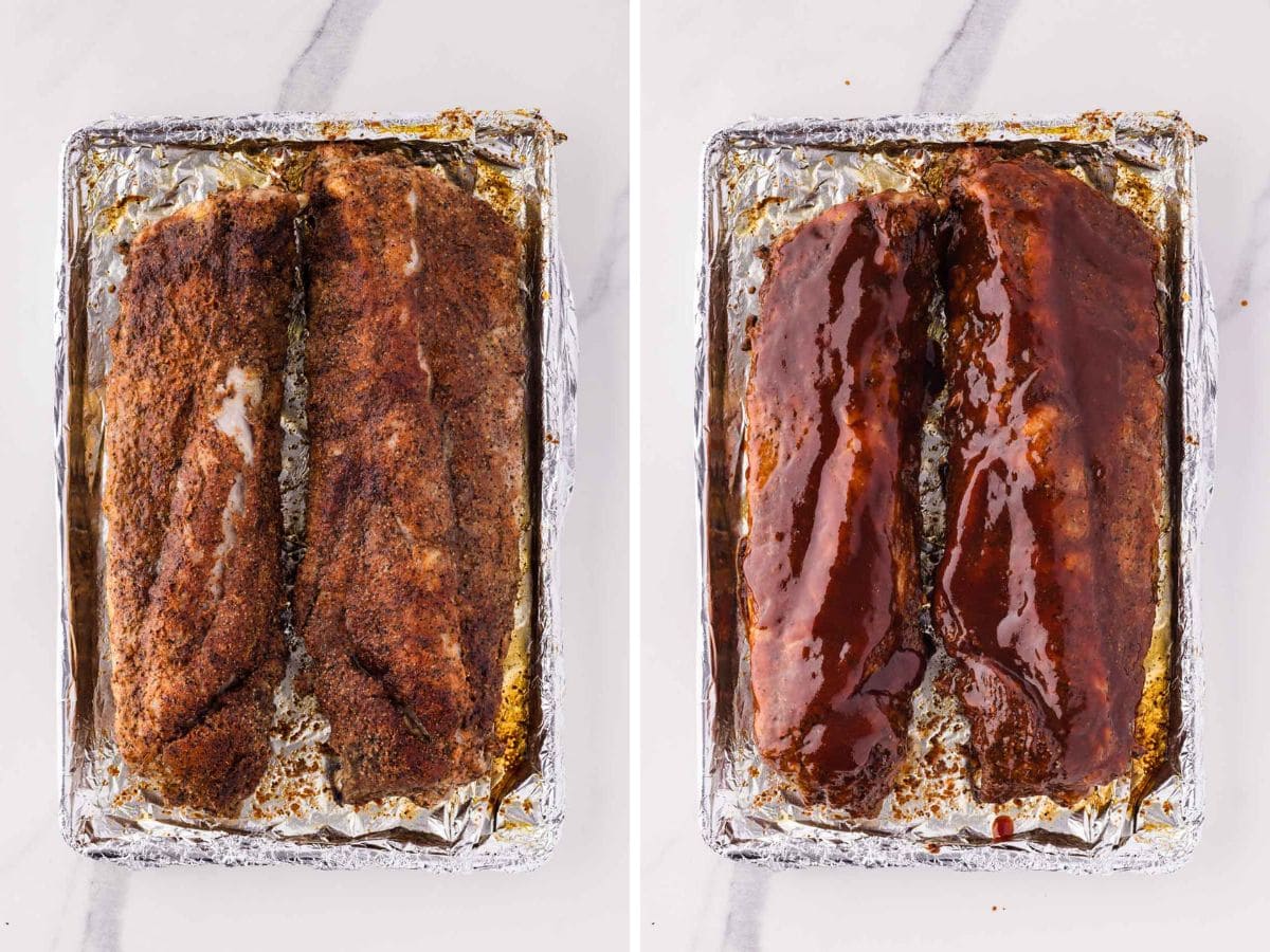 Ribs out of the oven and coated with bbq sauce.