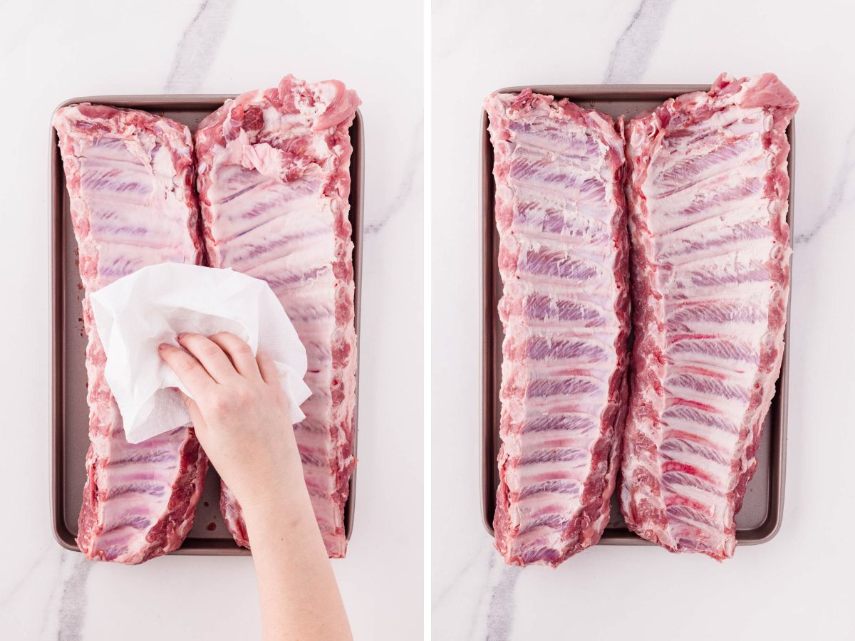 A side by side image of patting ribs dry and the membrane pulled away.