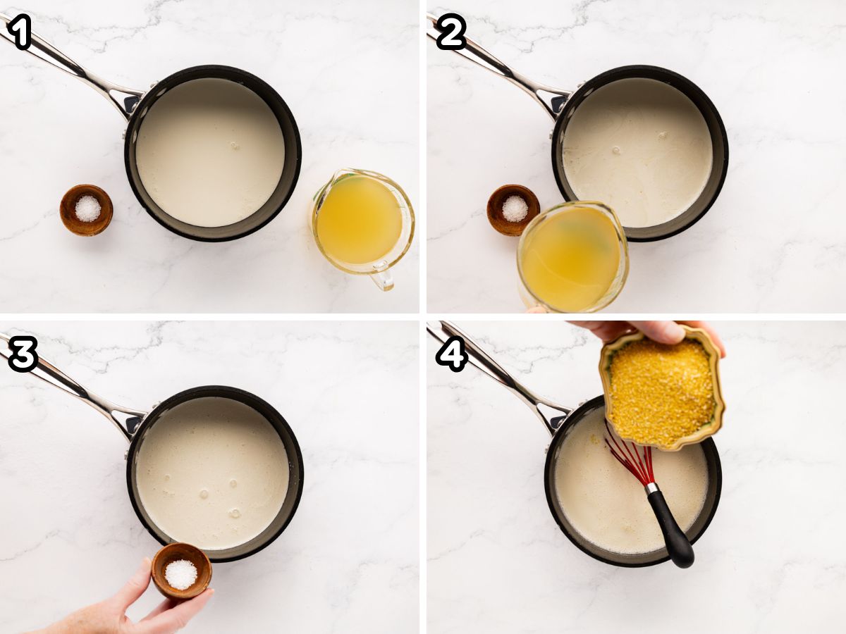 Step by step photos of heating up the heavy cream, adding chicken broth, adding salt, and adding the polenta.