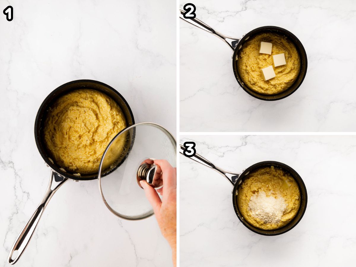 Side by side photos of adding butter and parmesan to the polenta.
