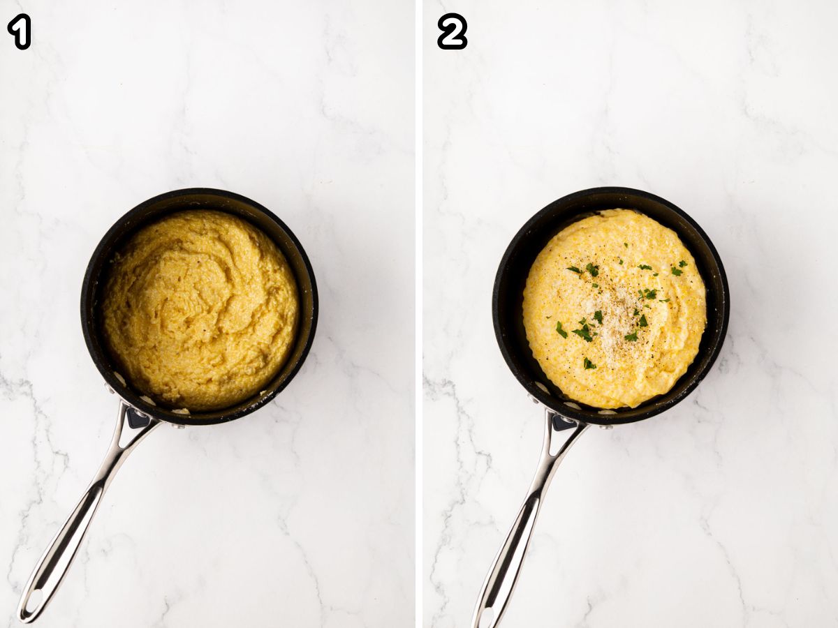 Side by side photos of finishing the creamy parmesan polenta in a sauce pan.
