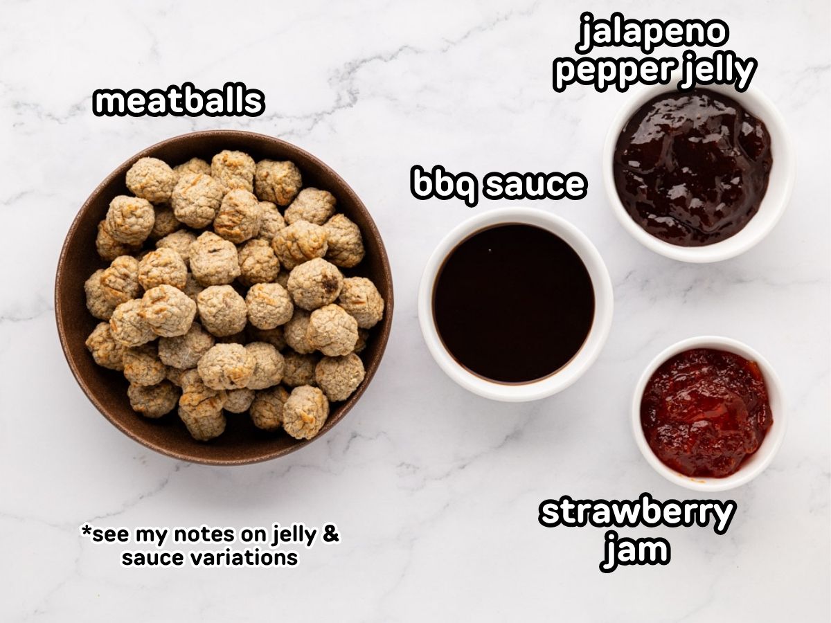 A labeled image of ingredients needed to make jelly meatballs.