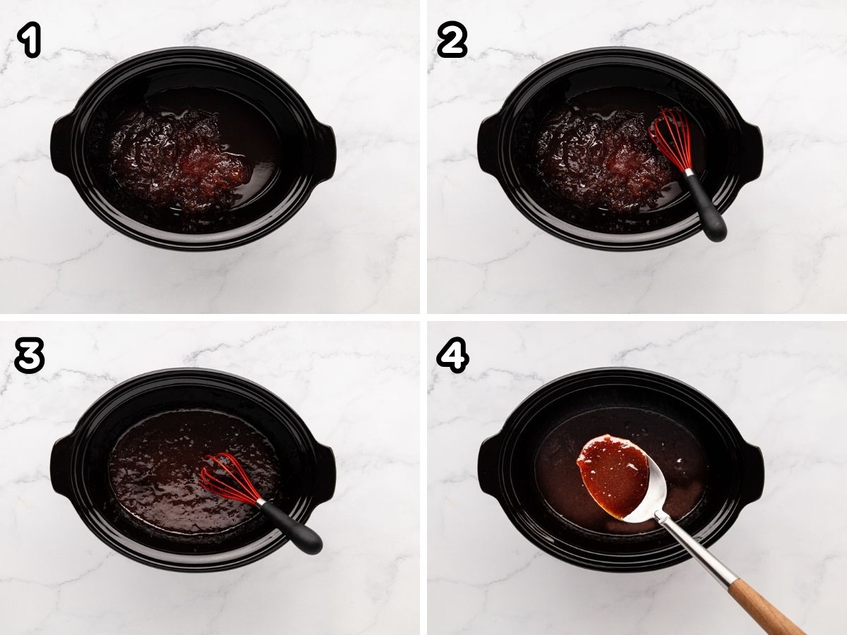 Collage image of adding jellies and sauces to the crockpot.