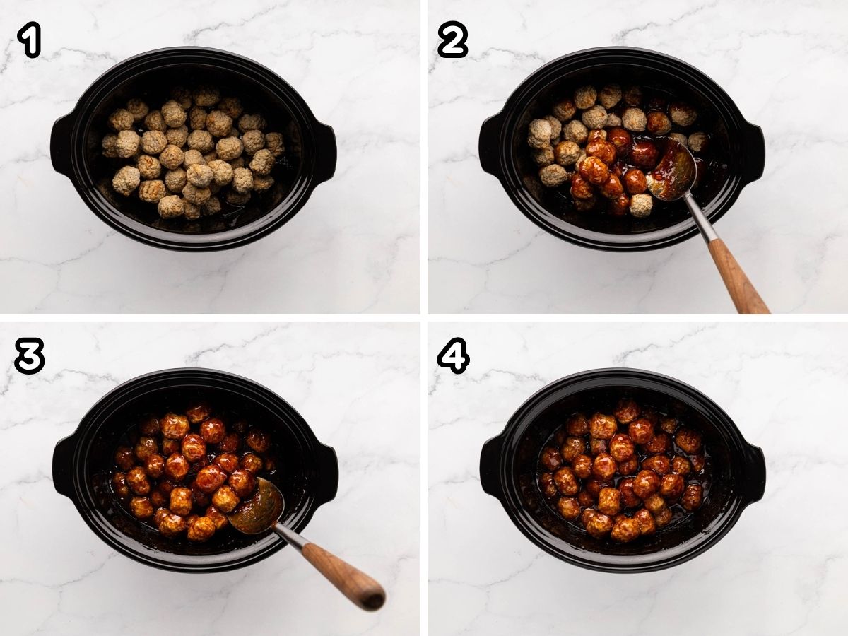 Collage image of adding meatballs to the crockpot and stirring in the sauce to coat.