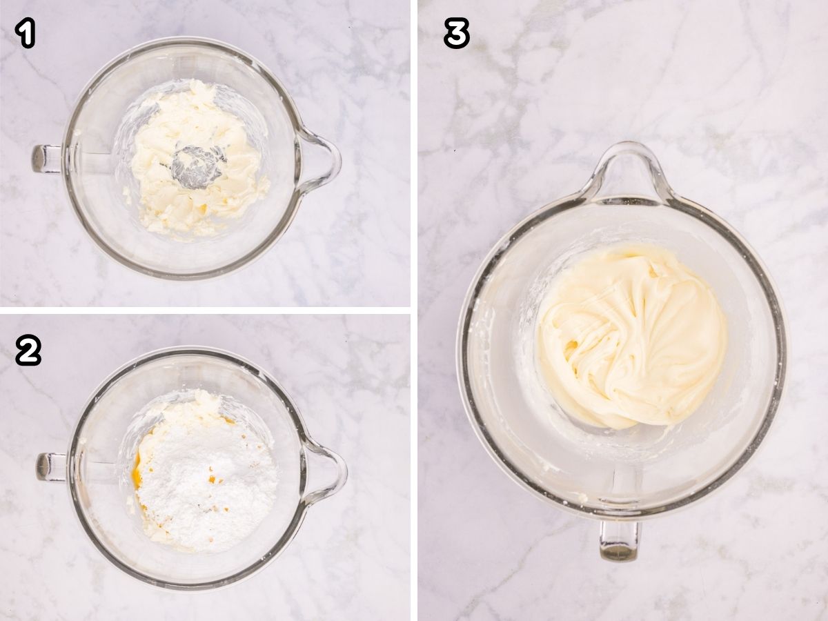 Cream cheese frosting in a bowl.