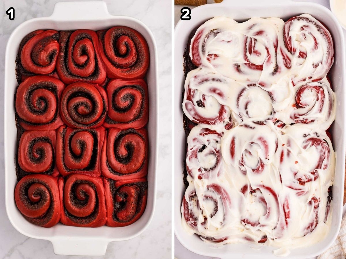 Gooey baked Red velvet cinnamon rolls topped with cream cheese icing.