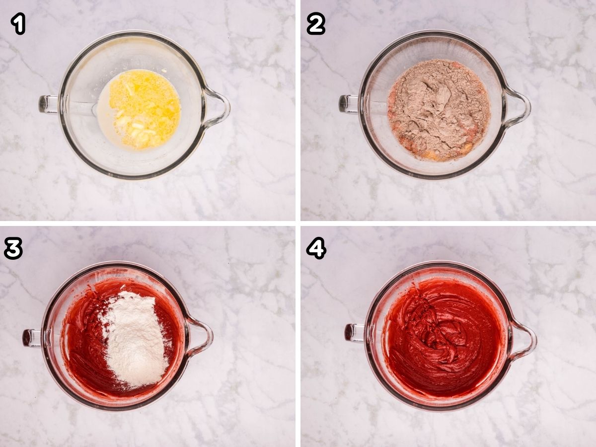 A collage image of melted butter in a bowl, adding cake mix, flour, and stirred.