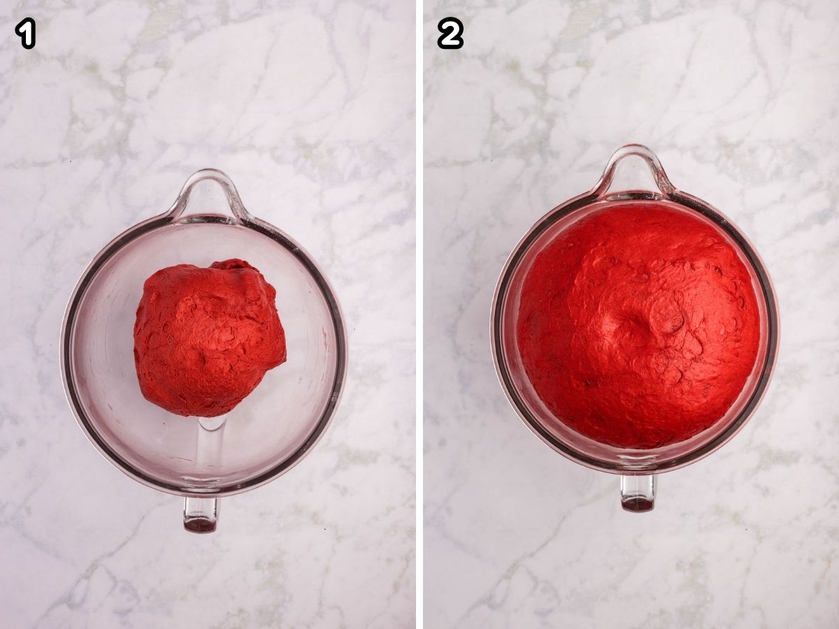 The red velvet cinnamon rolled dough after it has risen.