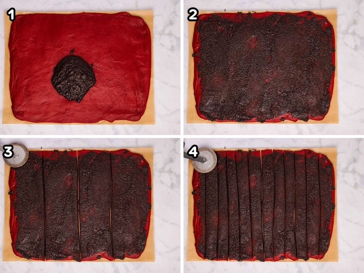 A collage image showing adding the filling to the dough and then cutting it with a pizza, cutter and strips.