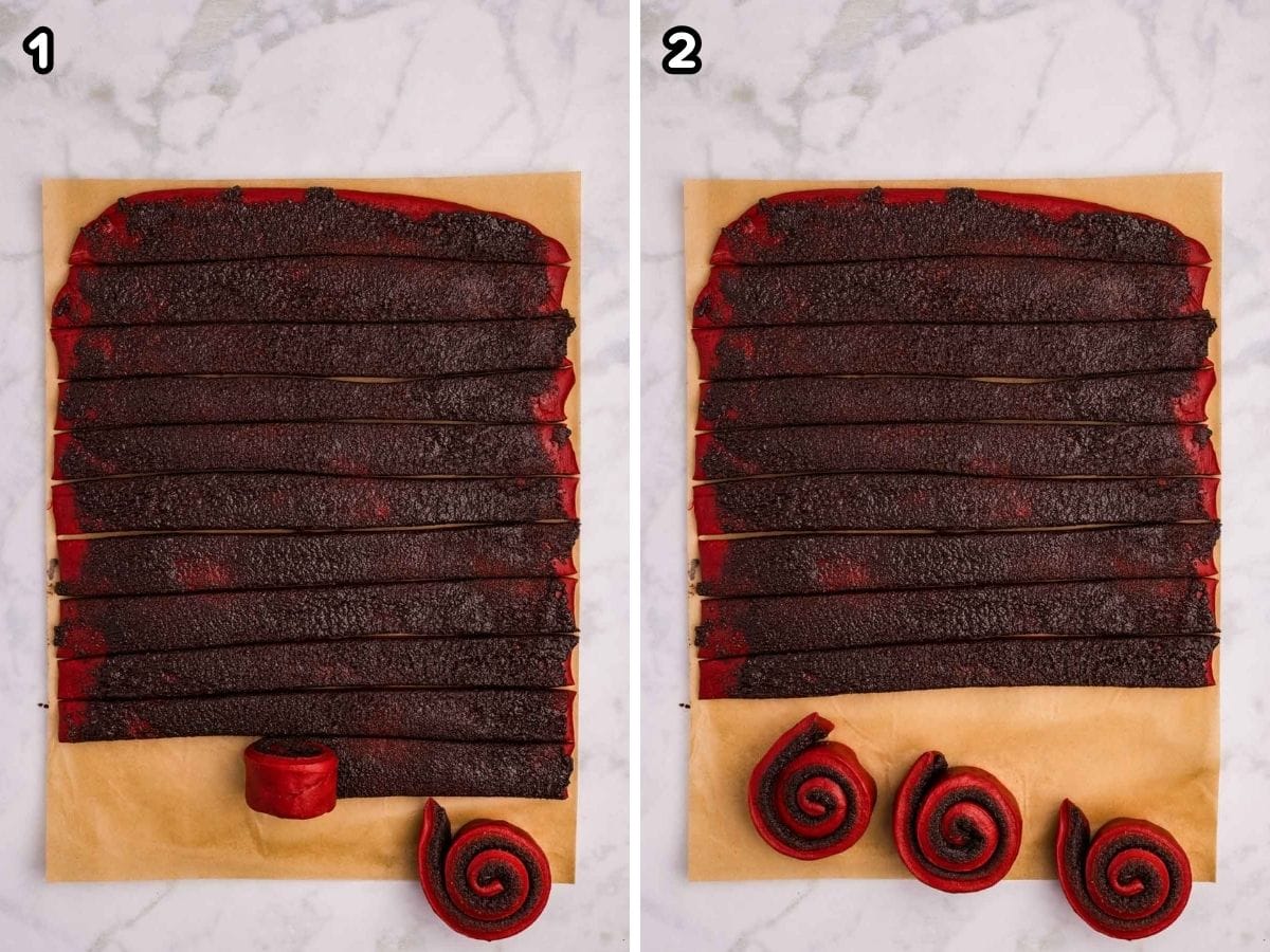 Rolling the strips into  rolls.