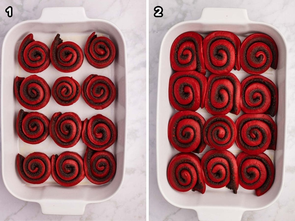 Red velvet rolls doubled in size in the baking dish.